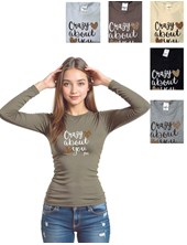 REMERA NENA MANGA LARGA RIB DE ALGODÓN, ESTAMPA 'CRAZY ABOUT YOU'. GRUNY
