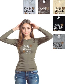 REMERA NENA MANGA LARGA RIB DE ALGODÓN, ESTAMPA 'CRAZY ABOUT YOU'. GRUNY