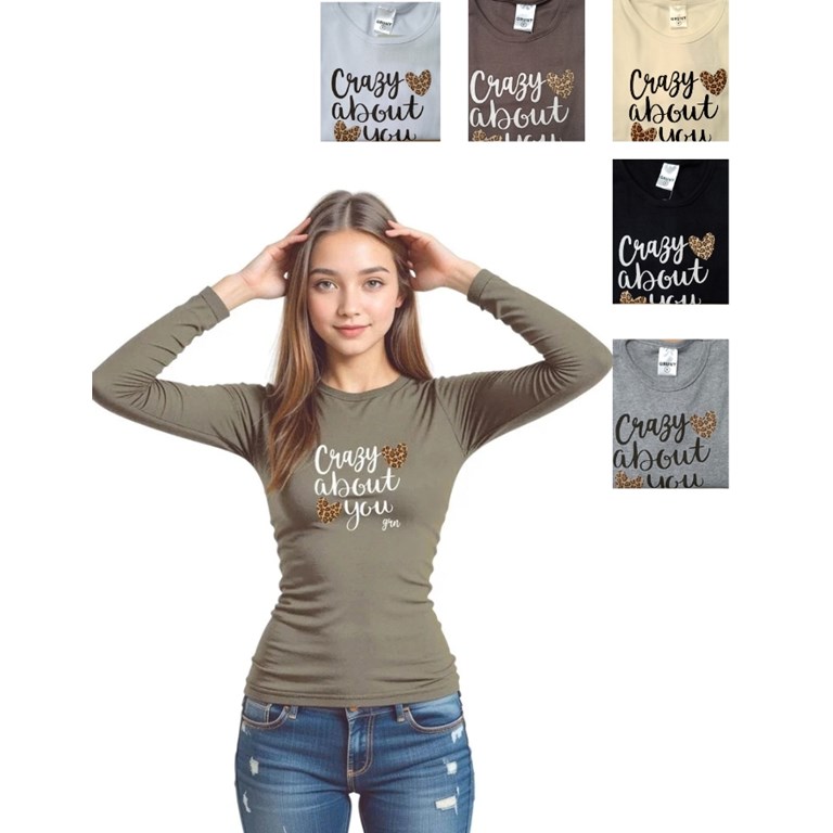 REMERA NENA MANGA LARGA RIB DE ALGODÓN, ESTAMPA 'CRAZY ABOUT YOU'. GRUNY