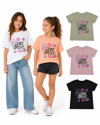 REMERA MANGA CORTA PARA NENA ESTAMPA 'STAY GROOVY'. GRUNY