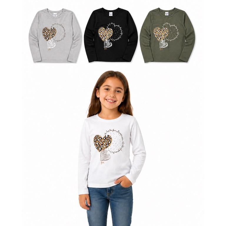 REMERA MANGA LARGA PARA NENA, EN RIBB DE ALGODON PEINADO. ESTAMPA CORAZÓN. GRUNY