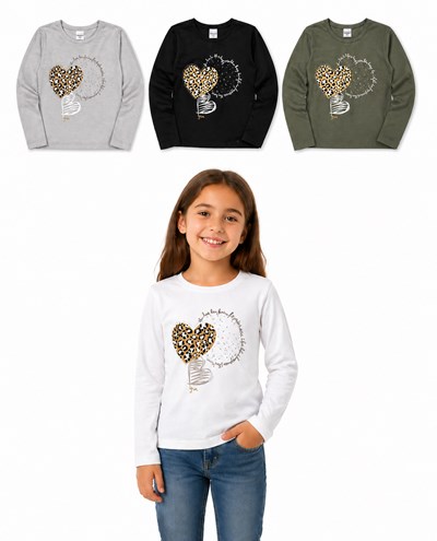 REMERA MANGA LARGA PARA NENA, EN RIBB DE ALGODON PEINADO. ESTAMPA CORAZÓN. GRUNY