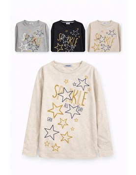 REMERA MANGA LARGA RIB ALG, PARA NENA, ESTAMPA ESTRELLAS. GRUNY