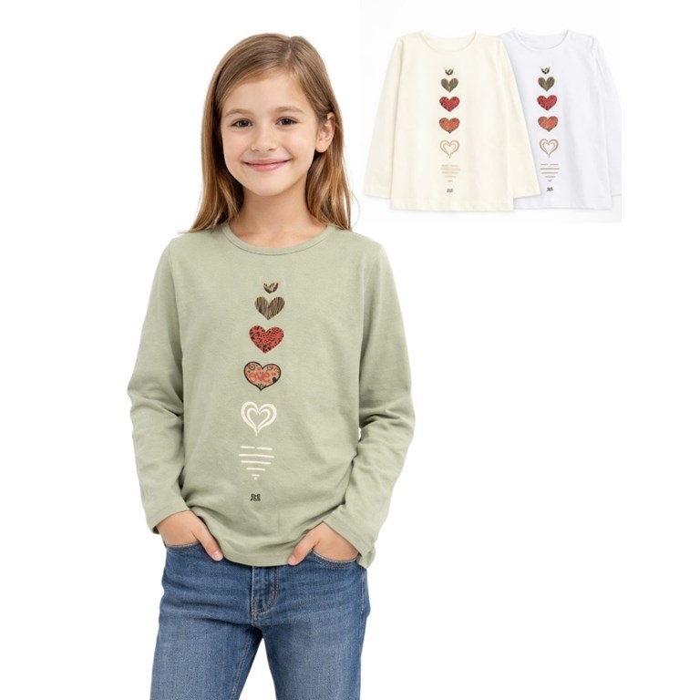 REMERA MANGA LARGA RIB ALG, PARA NENA ESTAMPA CORAZONES. GRUNY