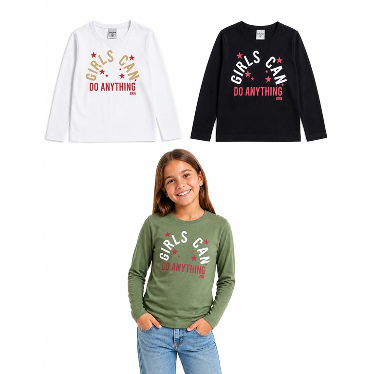 REMERA MANGA LARGA PARA NENA ESTAMPA 'GIRLS CAN'. GRUNY