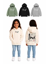 BUZO DE FRISA PARA NENA, CON CAPUCHA Y ESTAMPA EN ESPALDA  'LOVE'. GRUNY