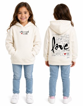 BUZO DE FRISA PARA NENA, CON CAPUCHA Y ESTAMPA EN ESPALDA  'LOVE'. GRUNY