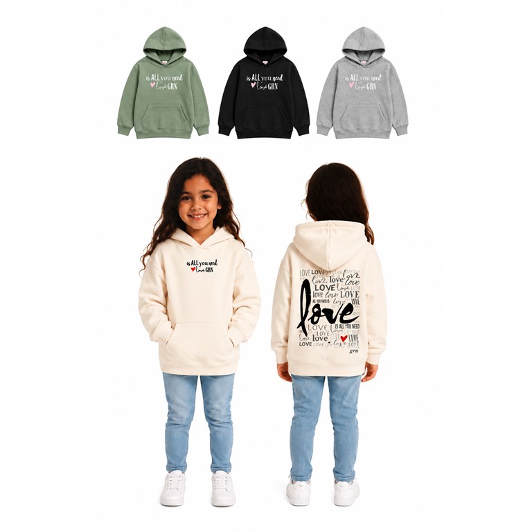 BUZO DE FRISA PARA NENA, CON CAPUCHA Y ESTAMPA EN ESPALDA  'LOVE'. GRUNY