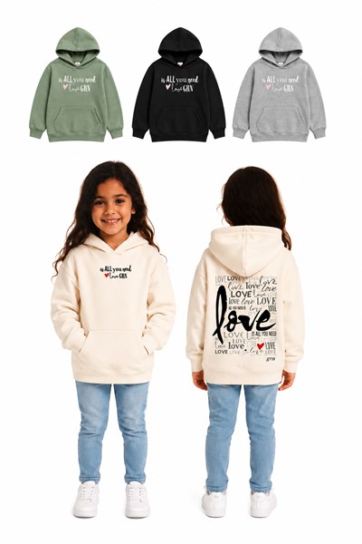 BUZO DE FRISA PARA NENA, CON CAPUCHA Y ESTAMPA EN ESPALDA  'LOVE'. GRUNY