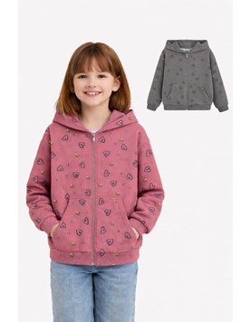 CAMPERA PARA NENA, CON CAPUCHA Y BOLSILLOS. ESTAMPADA CORAZONES. GRUNY