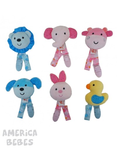 PORTA CHUPETES TIRA ANIMALES VARIOS CON ANCLAJE PLASTICO WOODY TOYS