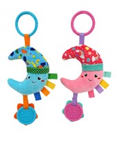 SONAJERO MEDIA LUNA CELESTE O ROSA  CON MORDILLO WOODY TOYS