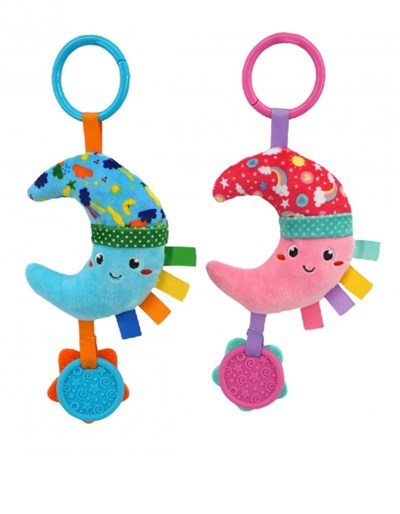 SONAJERO MEDIA LUNA CELESTE O ROSA  CON MORDILLO WOODY TOYS