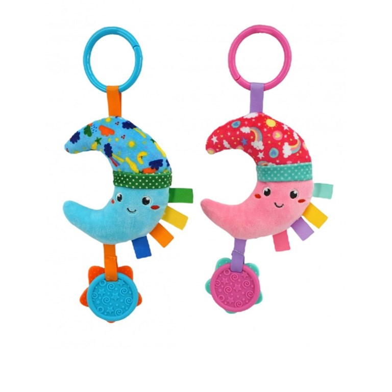 SONAJERO MEDIA LUNA CELESTE O ROSA CON MORDILLO WOODY TOYS