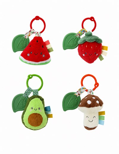 SONAJERO 4' FRUTAS Y VERDURAS CON MORDILLO. WOODY TOYS
