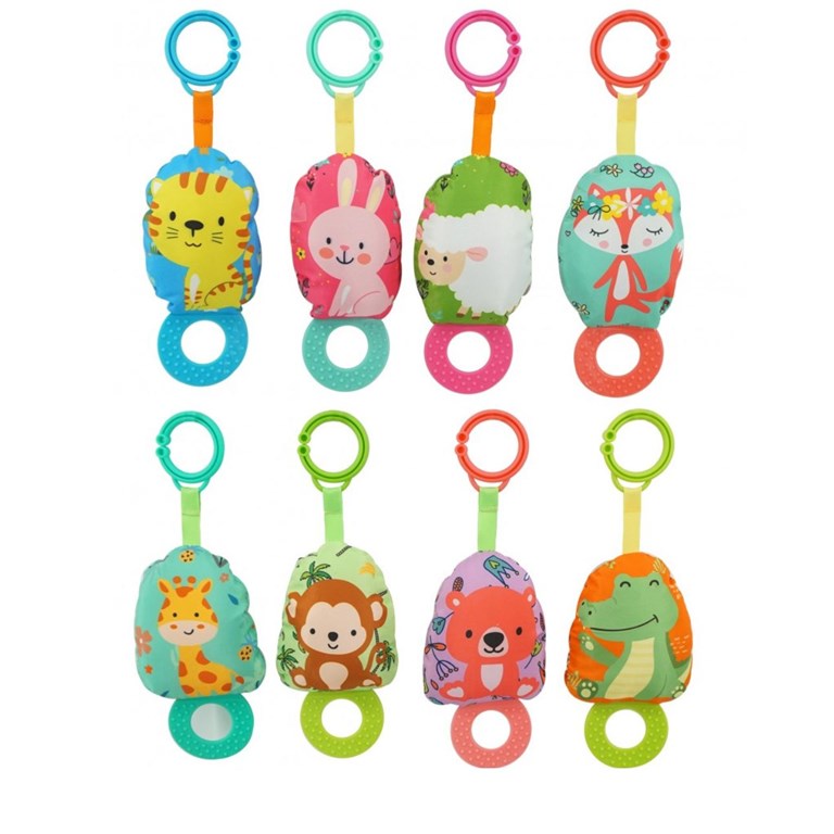 SONAJERO 5' CON MORDILLO, ESTAMPA ANIMALITOS. WOODY TOYS