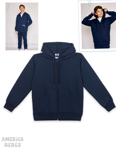Campera de frisa con capucha y cordón embutido y bolsillo canguro. Calce unisex.  Ely.