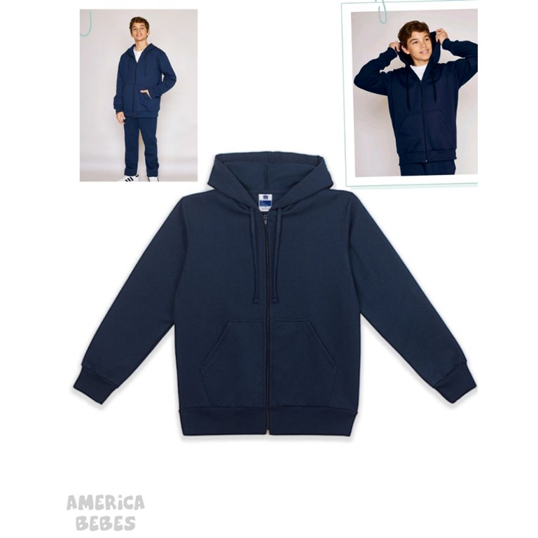 Campera de frisa con capucha y cordón embutido y bolsillo canguro. Calce unisex. Ely.