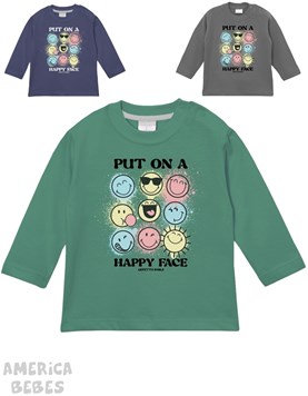 REMERA MANGA LARGA PARA BEBE VARON ESTAMPADA EMOJIS PUT ON A HAPPY FACE GEPETTO