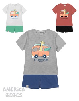 CONJUNTO 2 PIEZAS ALGODON PARA BEBE VARON REMERA MANGA CORTA ESTAMPADA COMBI Y SHORT LISO GEPETTO