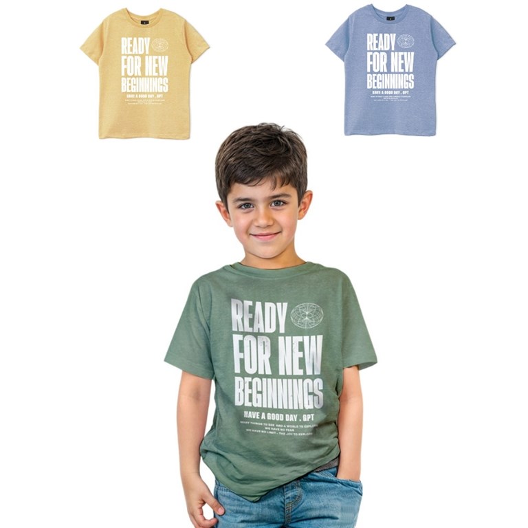 Remera nene jaspeada con estampa 'ready for new beginnings' Gepetto