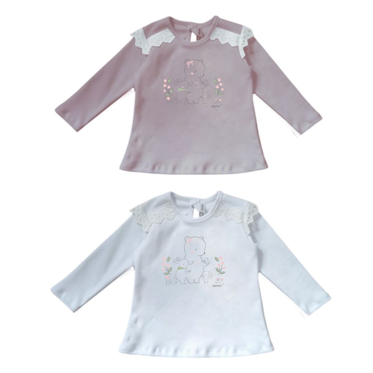 Remera manga larga de beba interlock con puntilla y estampa gepetto