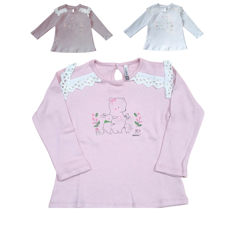 Remera manga larga de beba interlock con puntilla y estampa gepetto