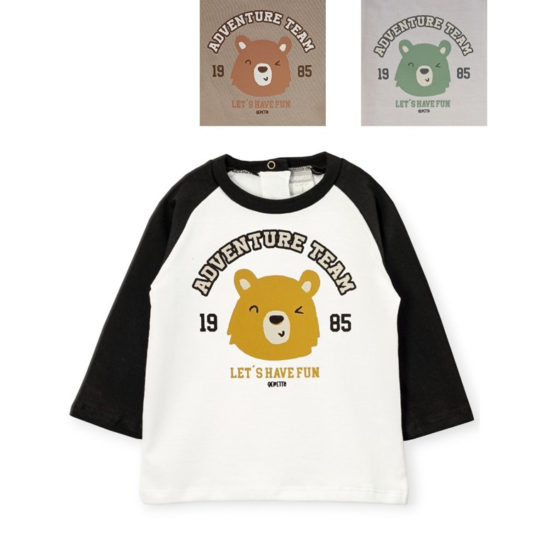 REMERA DE BEBE VARON MANGA RANGLAN CON ESTAMPA ADVENTURE TEAM GEPETTO