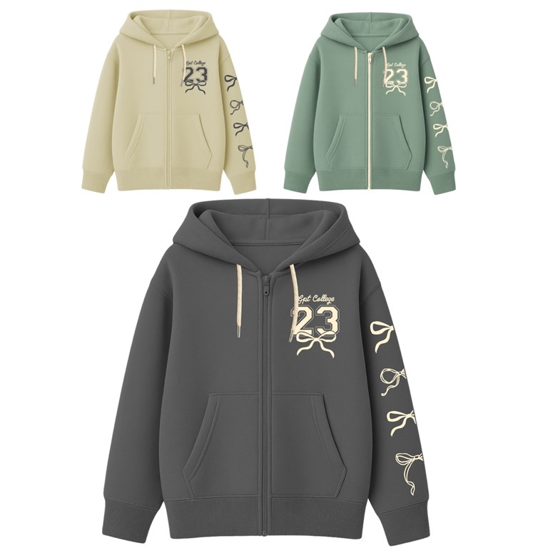 Campera rústico junior nena oversize c/estampa logo y manga 'moños'. gepetto