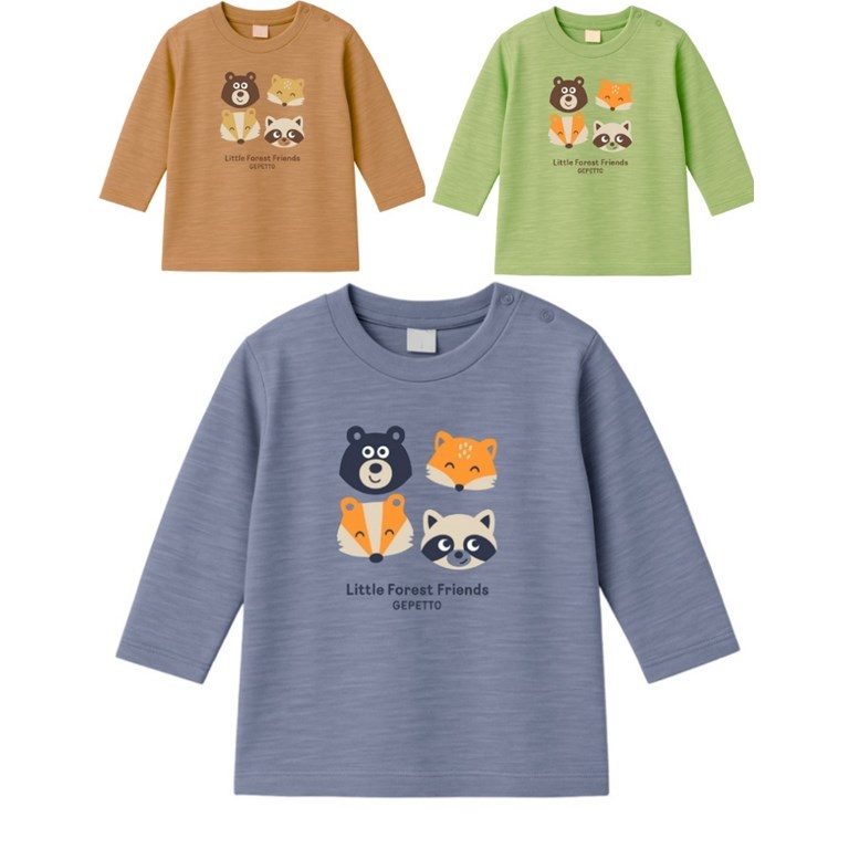 Remera bebe varón flamé c/estampa forest friends.Gepetto