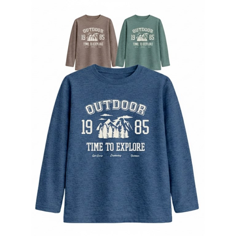 Remera junior varón jaspeada con estampa outdoor con relieve.Gepetto 