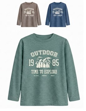 Remera junior varón jaspeada con estampa outdoor con relieve.Gepetto 