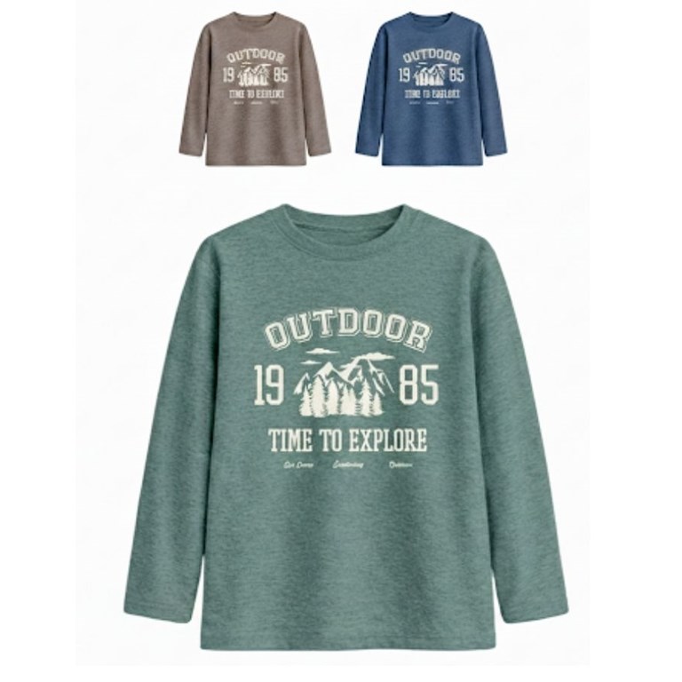 Remera junior varón jaspeada con estampa outdoor con relieve.Gepetto 