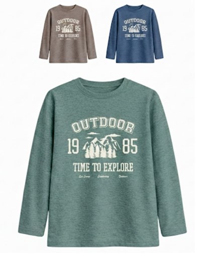 Remera junior varón jaspeada con estampa outdoor con relieve.Gepetto 
