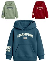 Buzo junior varón con capucha estampas y etiqueta aplicada champion.Gepetto