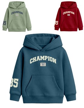 Buzo junior varón con capucha estampas y etiqueta aplicada champion.Gepetto