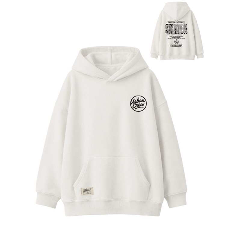 Buzo junior varón oversize con capucha con estampa skater.Gepetto