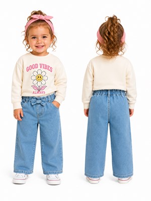 Jean camisero liviano para beba. Cintura elastizada con moño aplicado. Gepetto