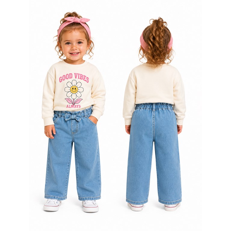 Jean camisero liviano para beba. Cintura elastizada con moño aplicado. Gepetto