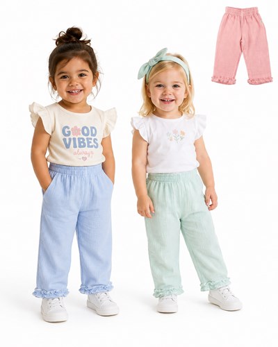 Pantalón beba de gasa doble con detalle de frunce en botamangas. Cintura elastizada. Gepetto