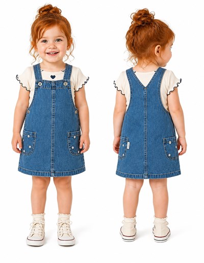 Jumper beba de jean camisero liviano. Tiras con botones regulables. Bordados en bolsillos laterales. Gepetto