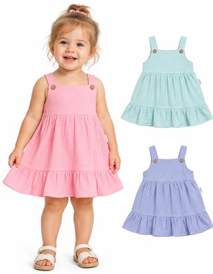Jumper para beba tipo vestido de gasa doble. Detalle de botones de coco. Gepetto