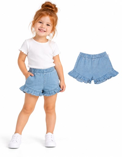 Short beba de jean camisero liviano con volados. Cintura elastizada. Gepetto