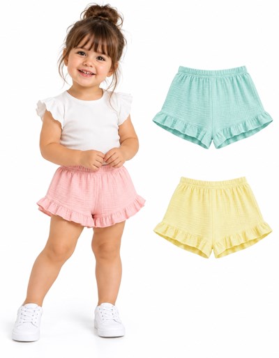 Short para beba de gasa doble con volado. Cintura elastizada. Gepetto