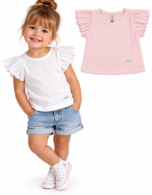 Remera manga corta con volados, en jersey de bambula. Gepetto