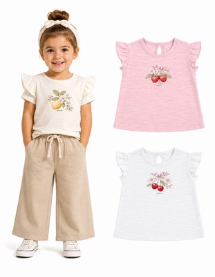 Remera beba .Volado en manga. Distinatas estampas frutas. Gepetto