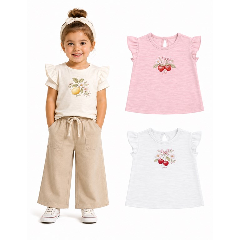 Remera beba .Volado en manga. Distinatas estampas frutas. Gepetto