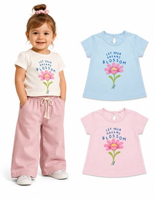 Remera beba manga corta en jersey 100% algodón con estampa flor central. Gepetto