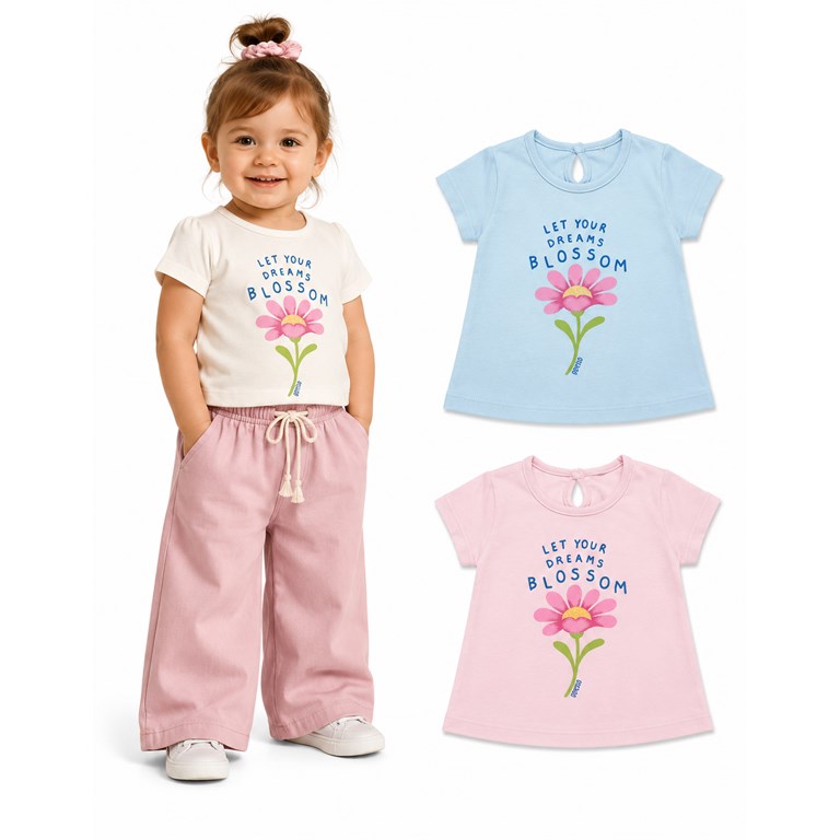 Remera beba manga corta en jersey 100% algodón con estampa flor central. Gepetto