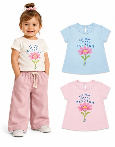 Remera beba manga corta en jersey 100% algodón con estampa flor central. Gepetto